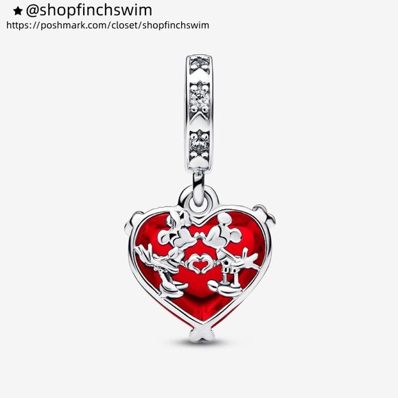 Pandora Disney Mickey & Minnie Mouse Kiss Red Murano Glass Dangle Charm - Picture 1 of 5